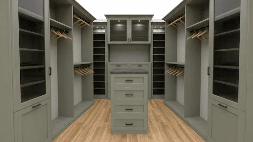 Level 6 Luxe custom closet — Celadon finish with two-sided island
