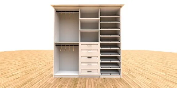Level 2 Deluxe custom closet — white floor-based system with shaker drawers