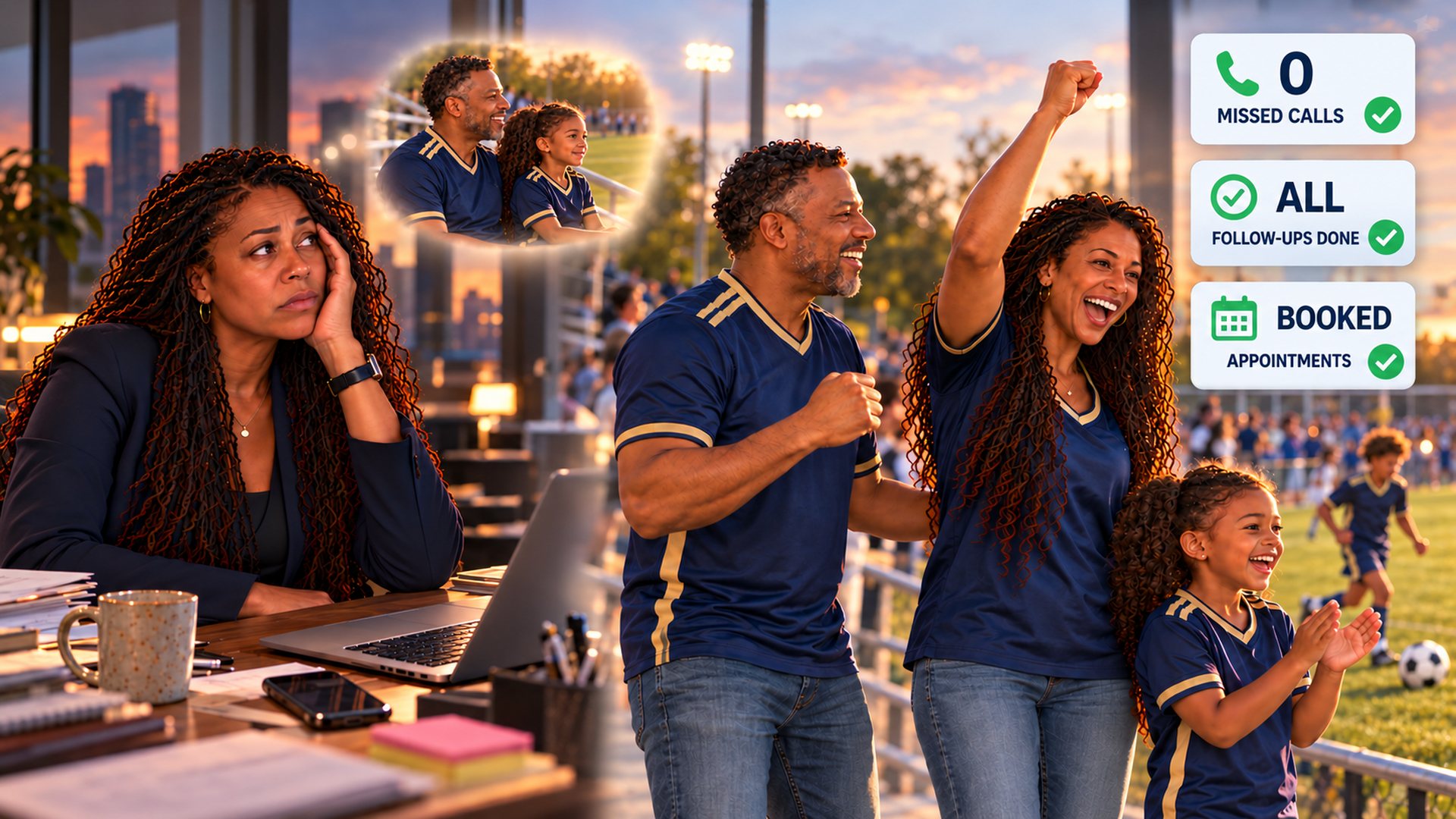 Before: a woman stressed at her desk after dark, missing her family's soccer game. After: she cheers with her family at the game while cards show zero missed calls, all follow-ups done and booked appointments