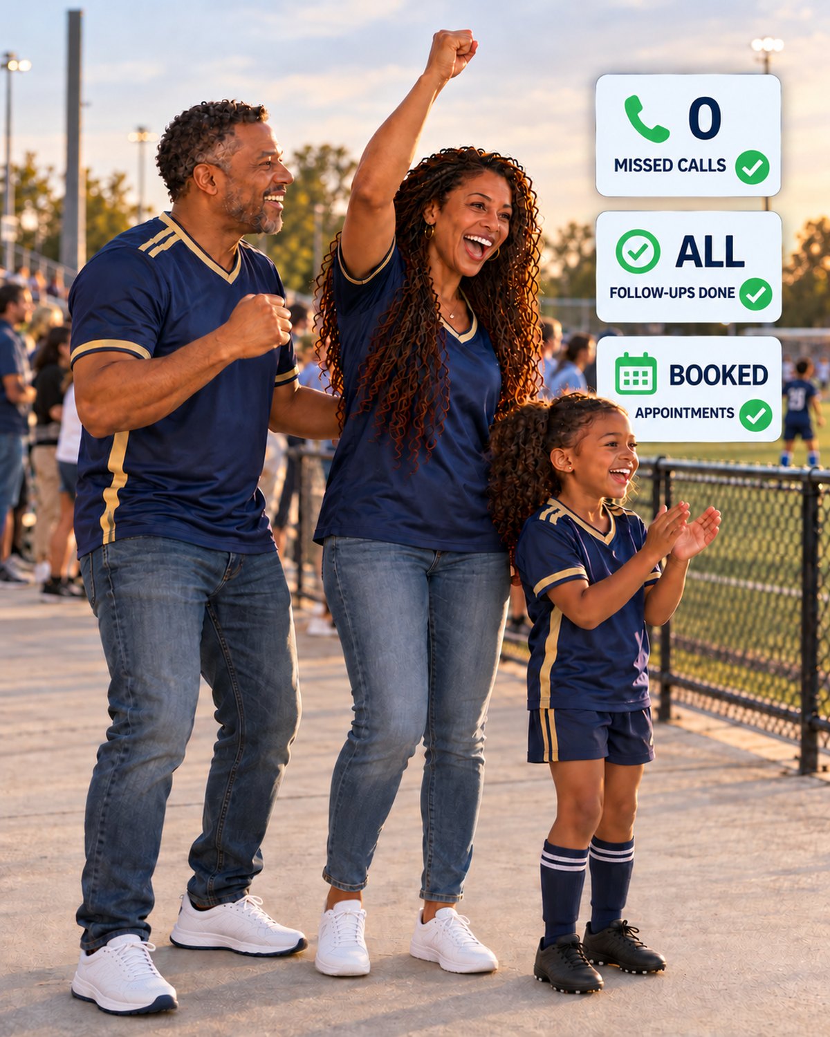 A joyful family in navy and gold jerseys cheering at a youth soccer game at sunset, with cards showing zero missed calls, all follow-ups done and booked appointments