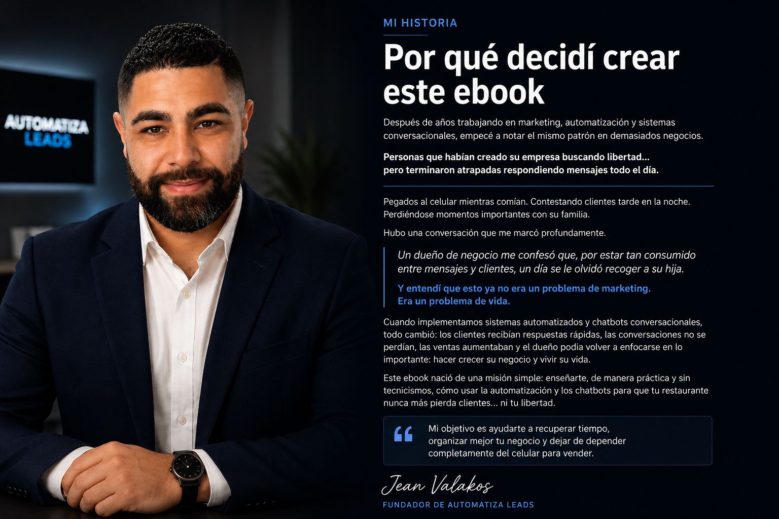 Jean Valakos, fundador de Automatiza Leads, explicando por qué creó el ebook El Restaurante Que Nunca Duerme