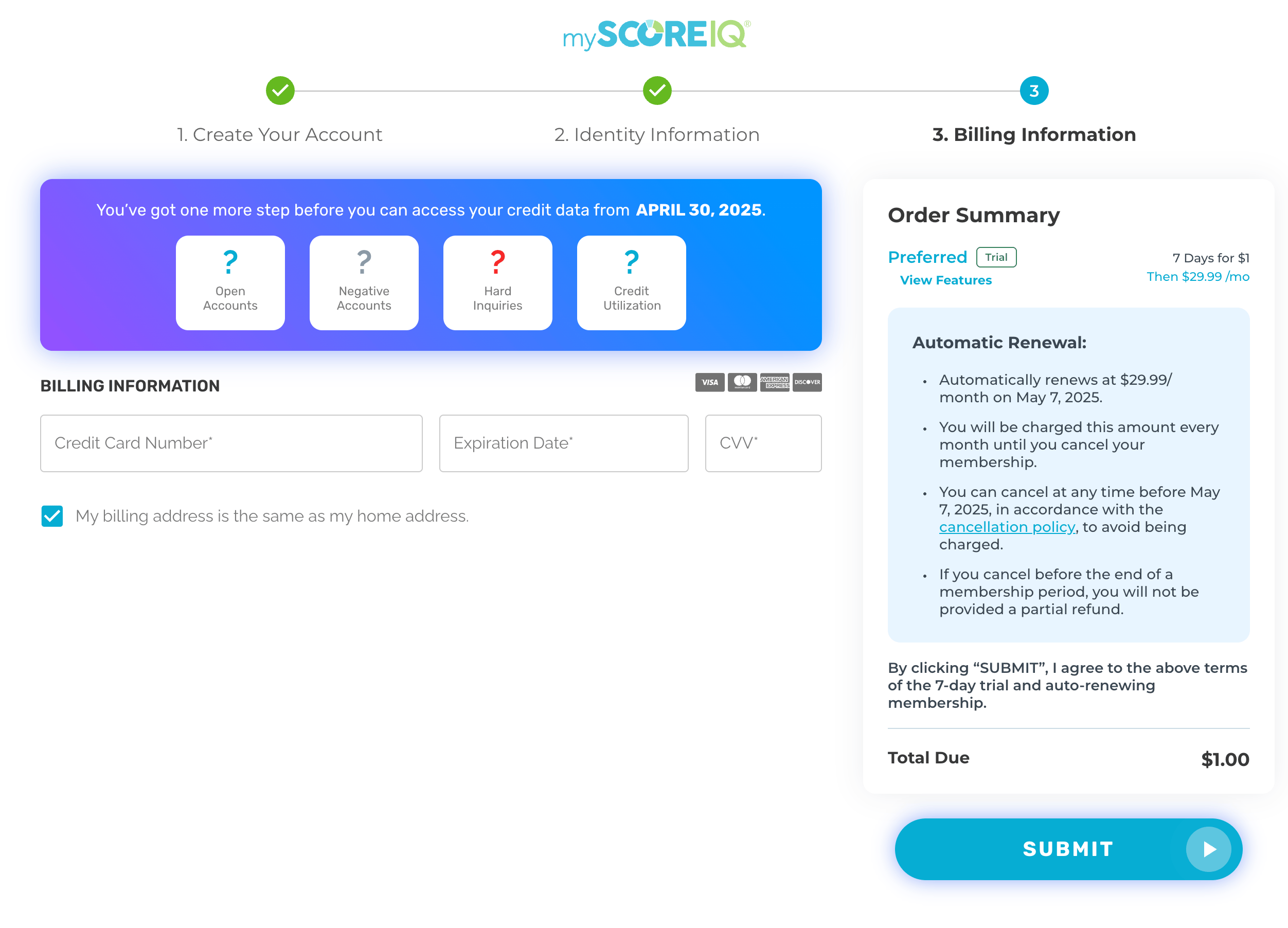 The billing info screen for MyScoreIQ