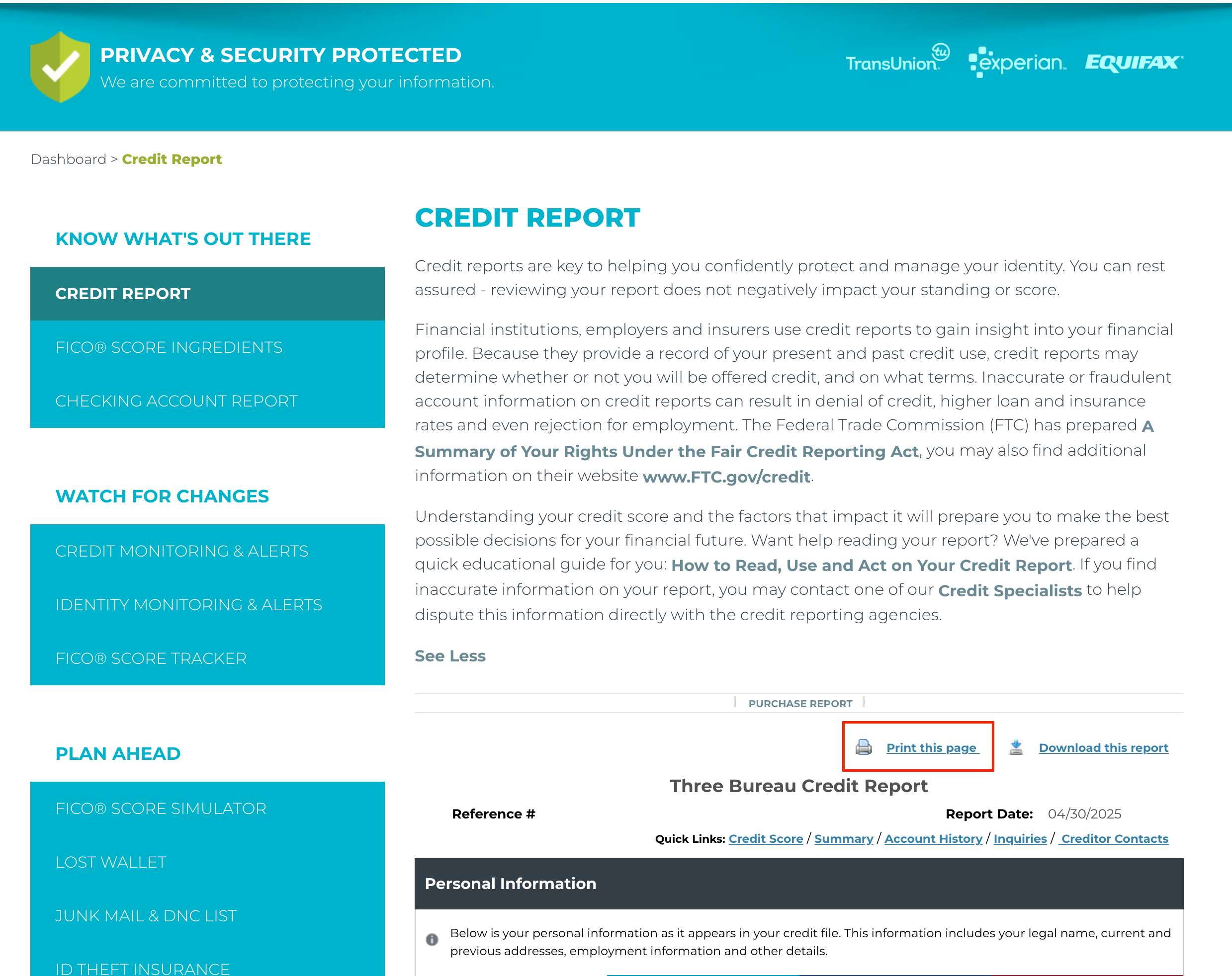 The credit report screen for MyScoreIQ with a highlight over "Print this page"