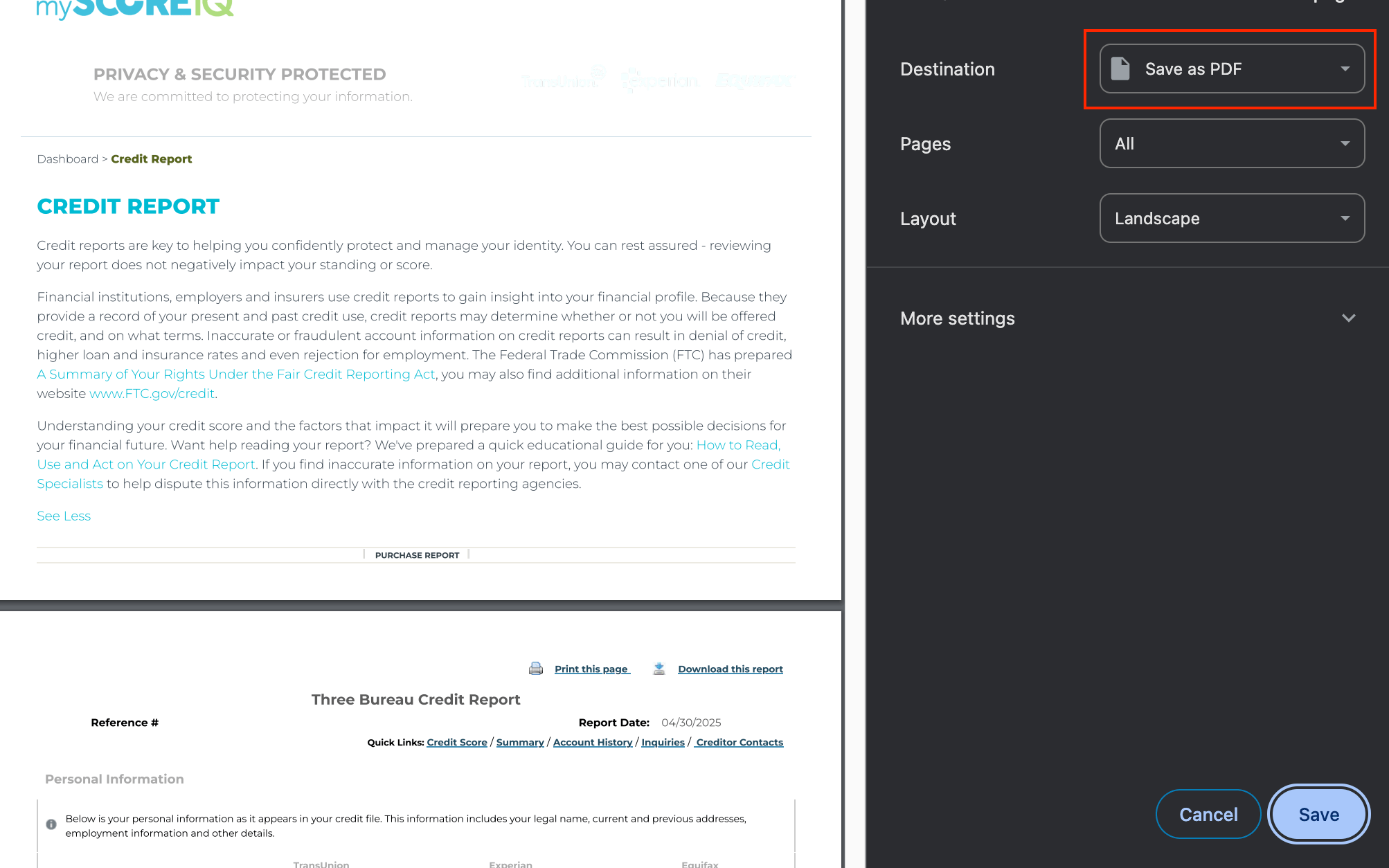 The print screen for the credit report, with a highlight over "Save as PDF"
