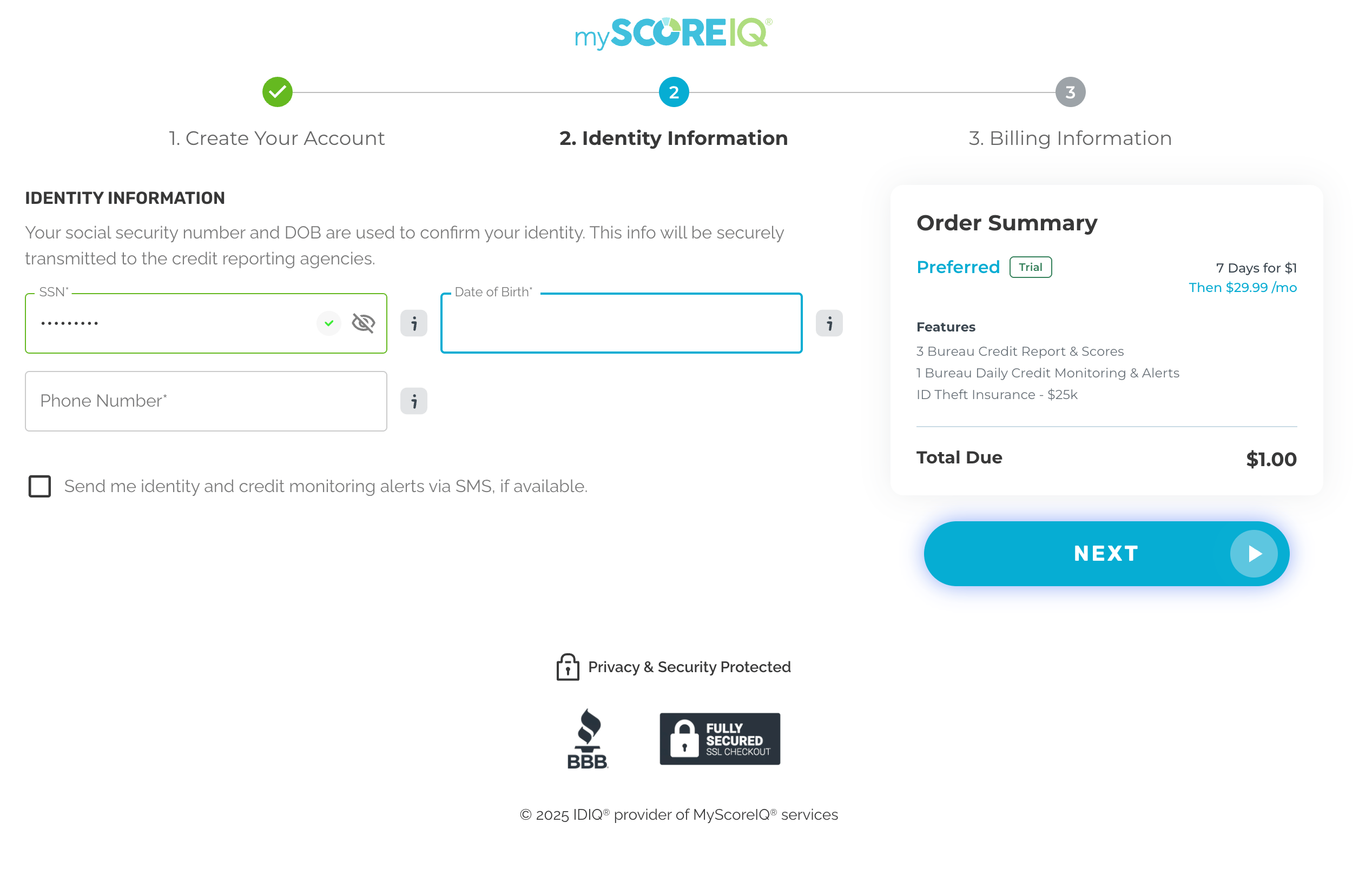 The identity info screen for MyScoreIQ