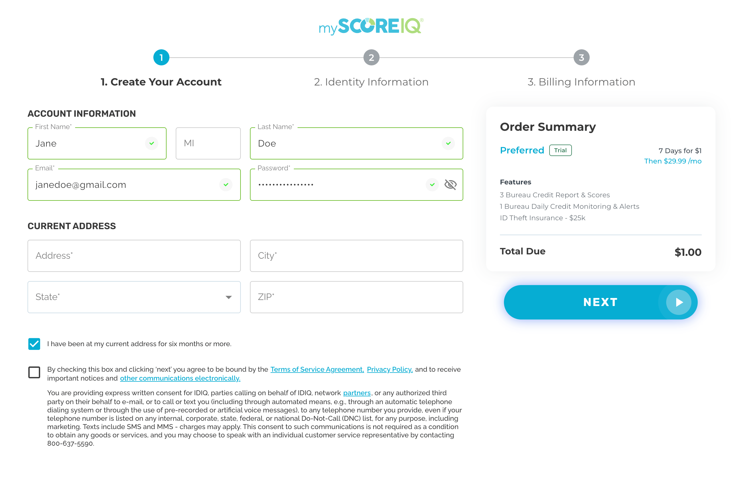 The sign up screen for MyScoreIQ