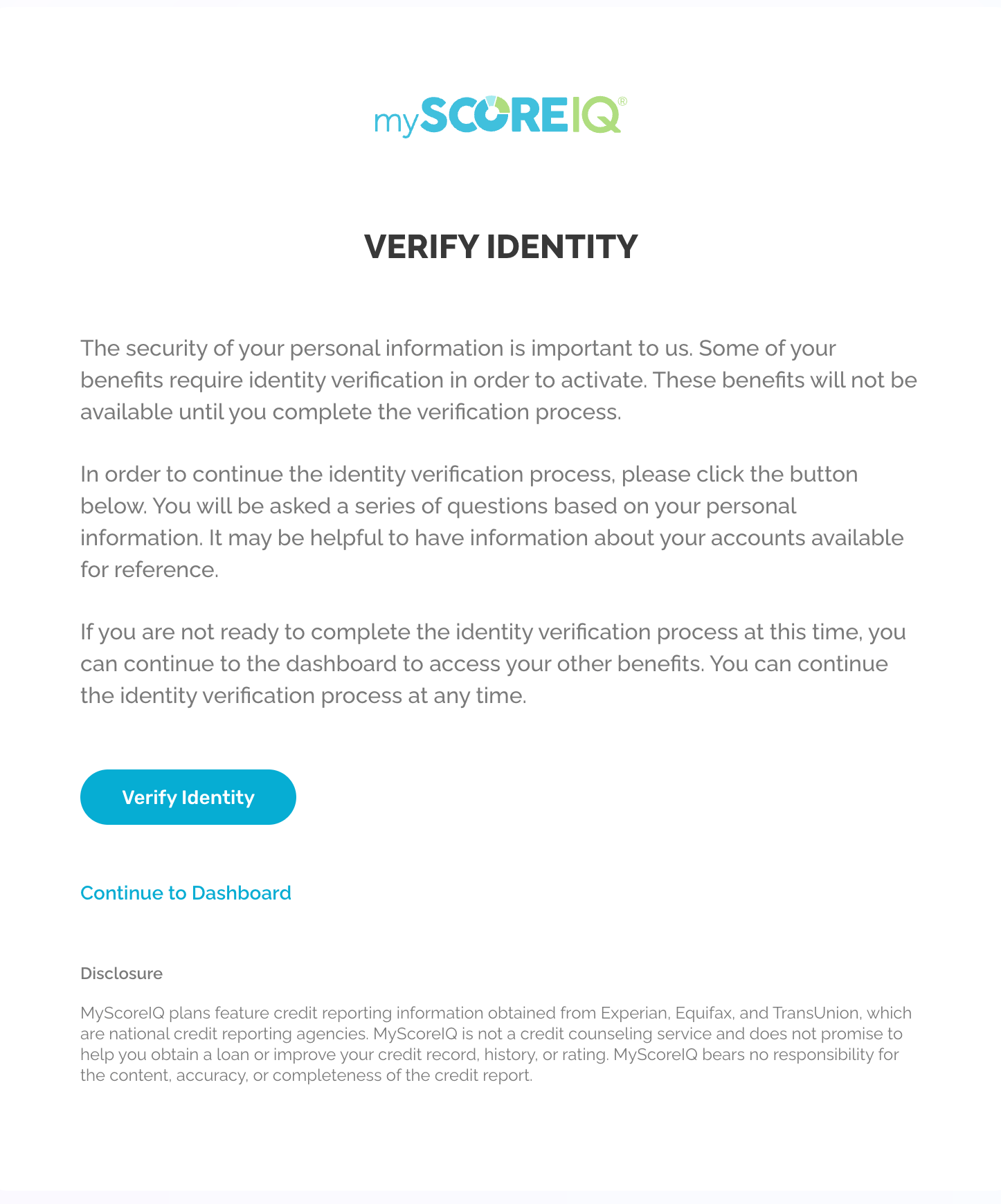 The verify identity screen for MyScoreIQ