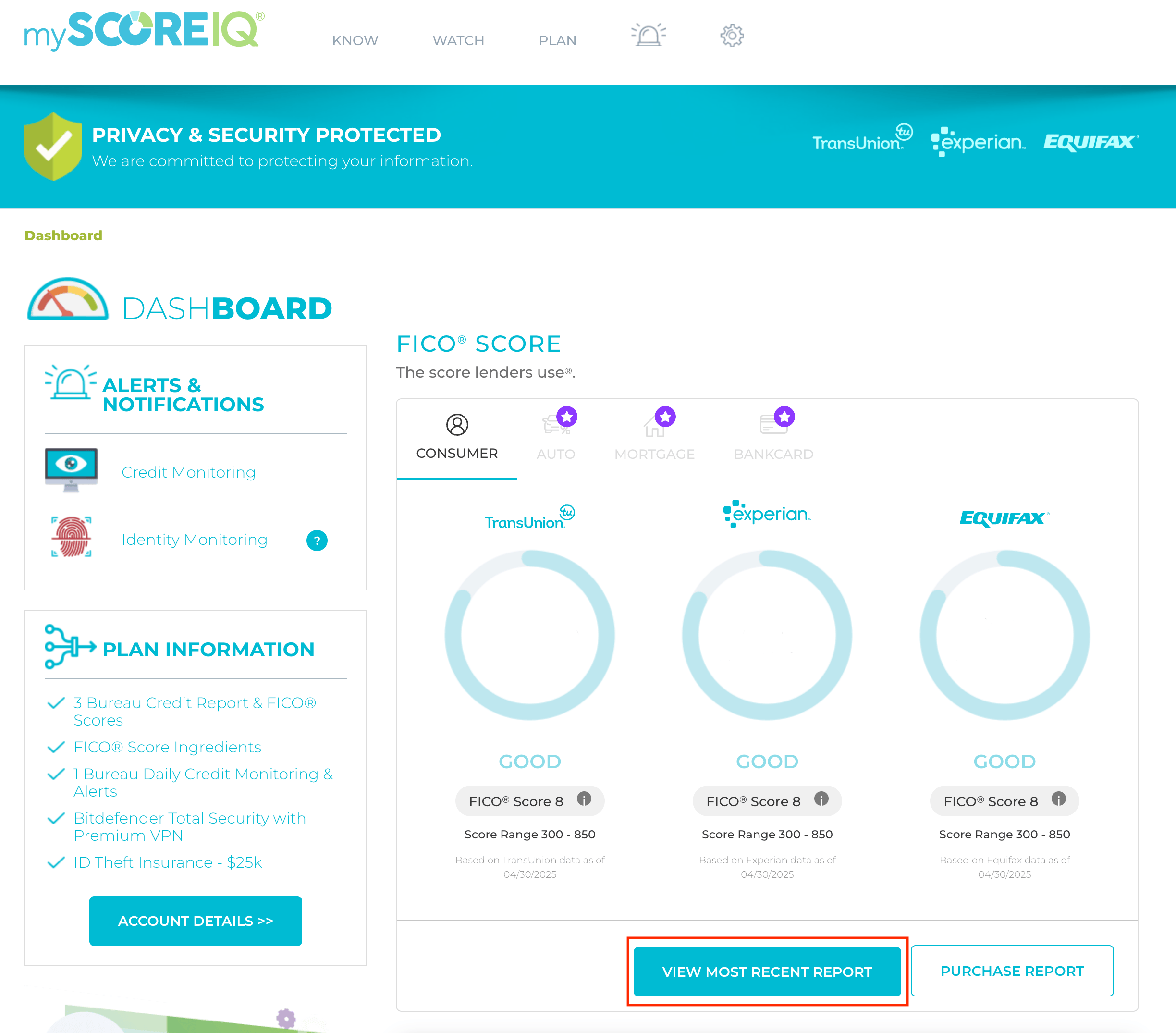 The dashboard screen for MyScoreIQ with a highlight over "View Most Recent Report"