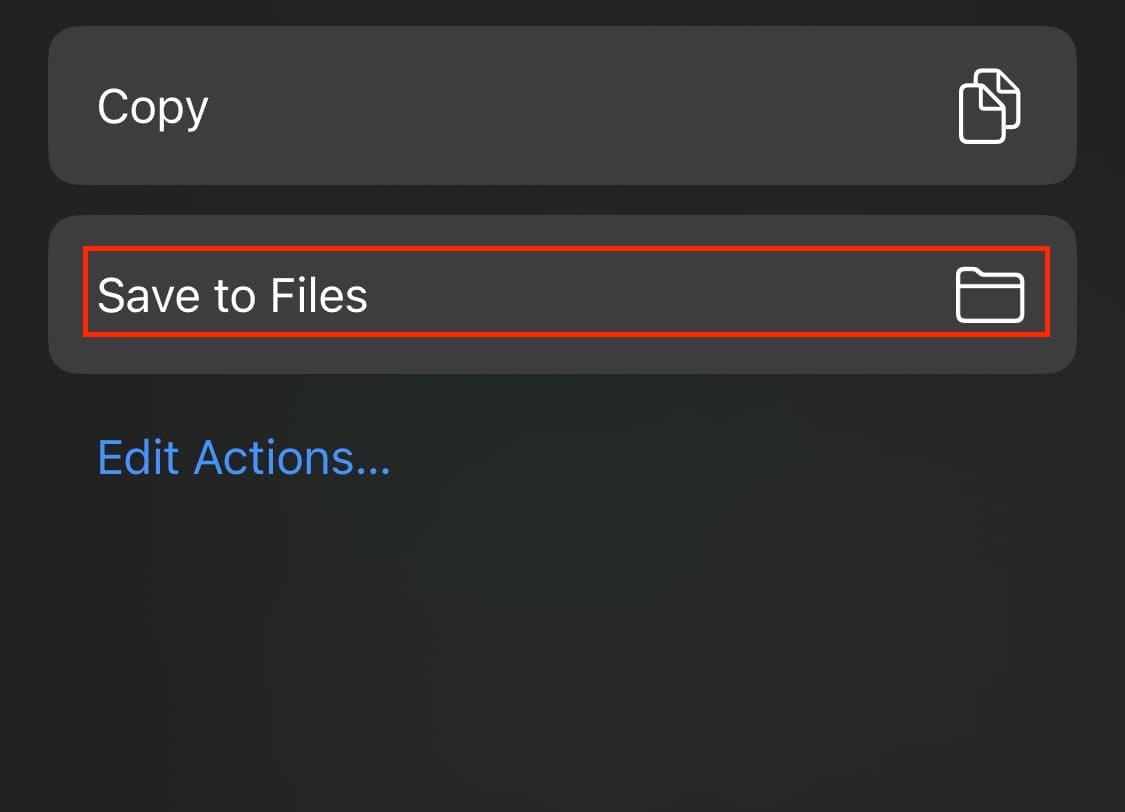 Mobile device share options with a highlight over "Save to files"