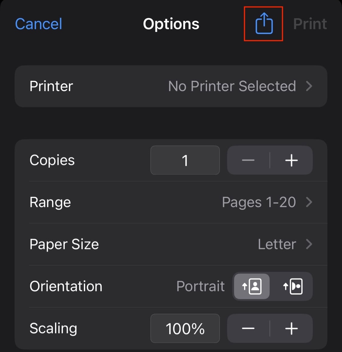 The print page for a mobile device with a highlight over the Share icon