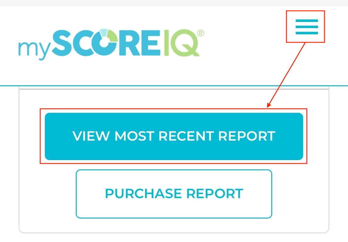 A picture of the dropdown screen in MyScoreIQ with a highlight over "View Most Recent Report"