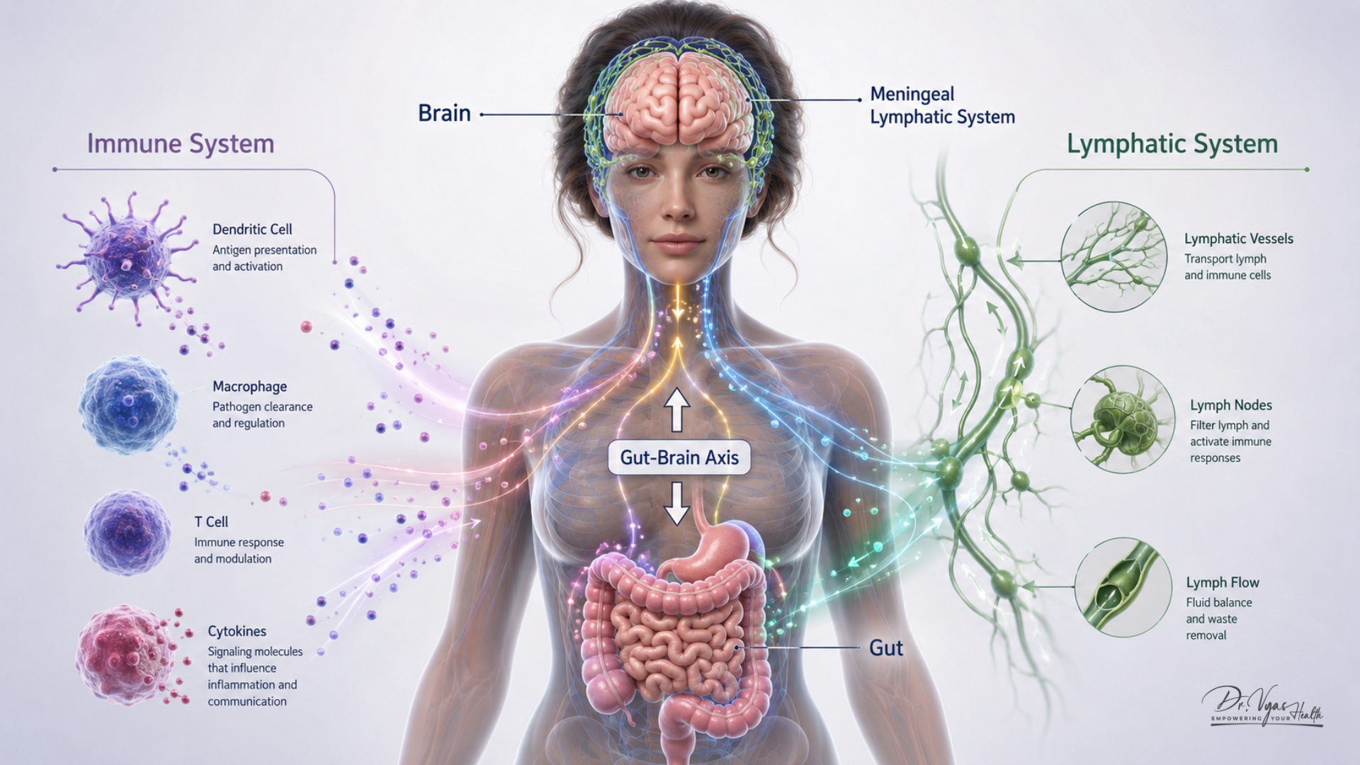 Diagram of the gut-brain axis and immune system communication