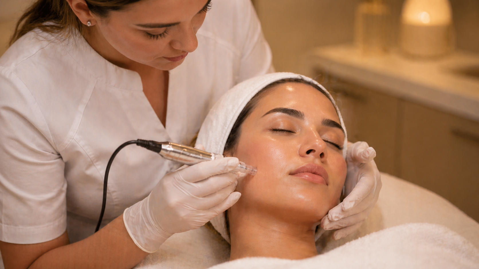 Licensed aesthetician performing microneedling treatment on client at Fort Myers medical spa