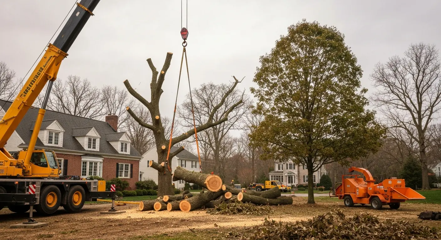 Hazardous tree removal with crane