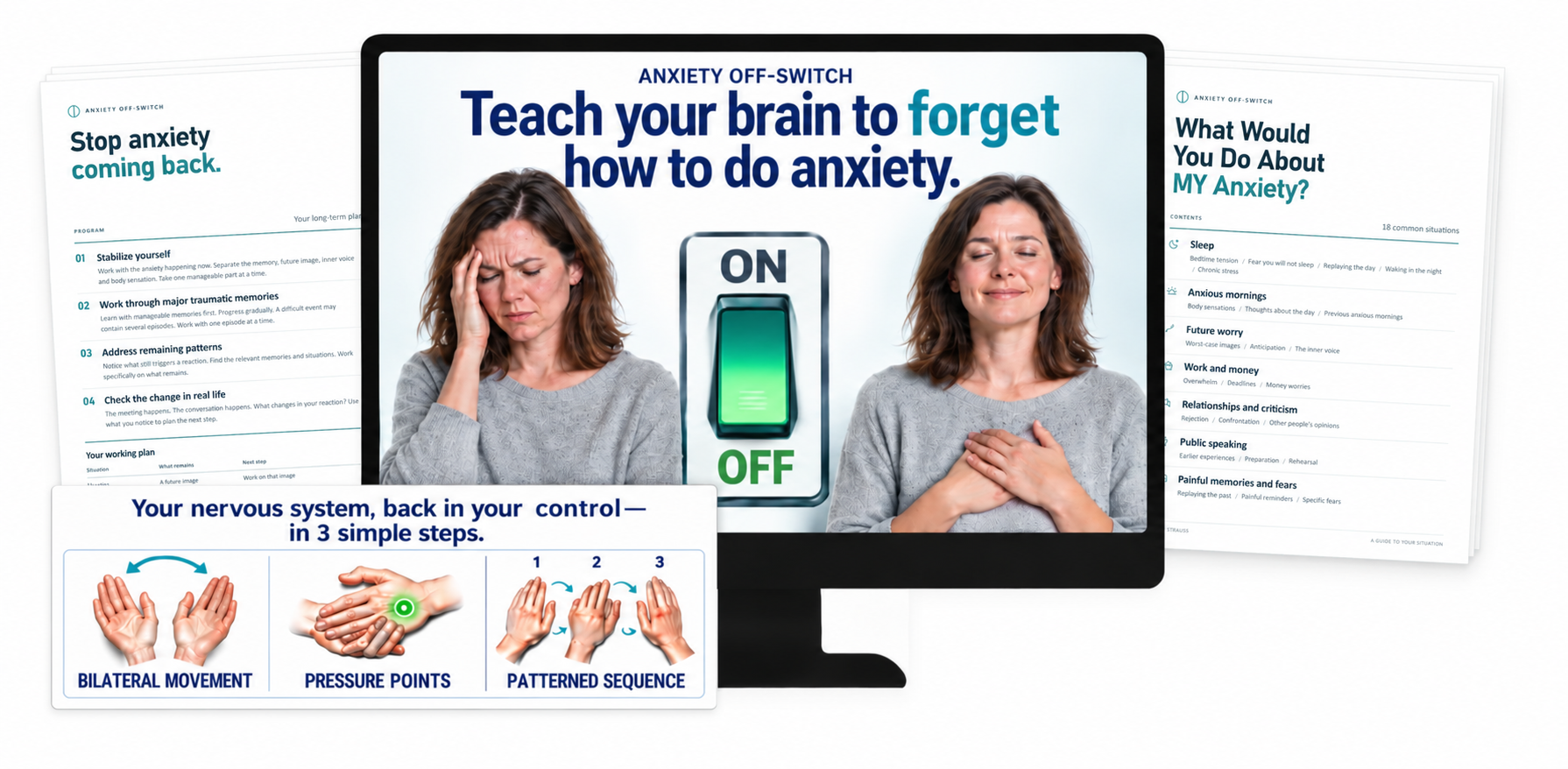 The course overview: anxious and calm responses, the hand technique, and example strategy documents.