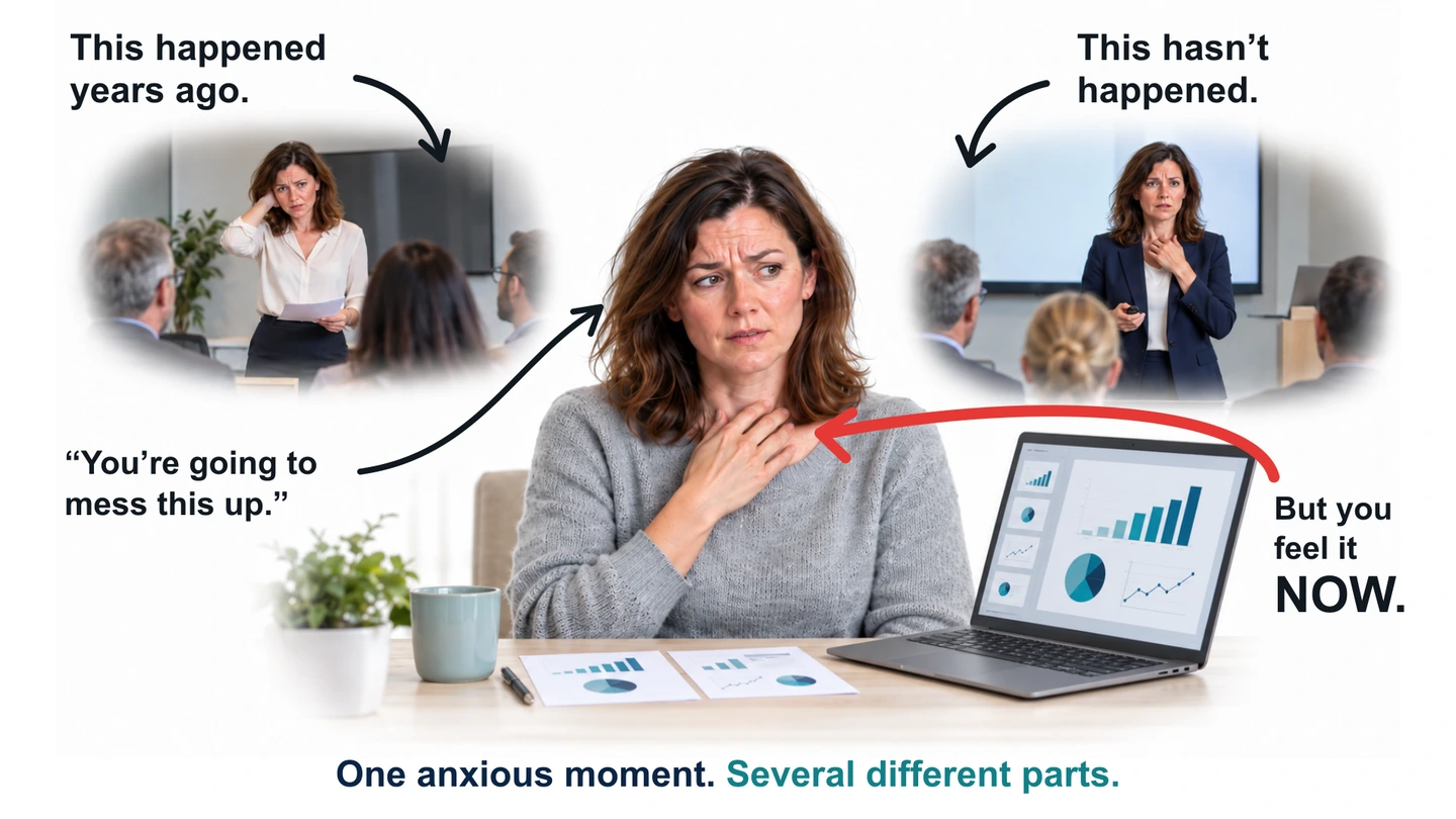 An everyday anxious moment can include a memory, a feared future, inner dialogue and feelings in the body.