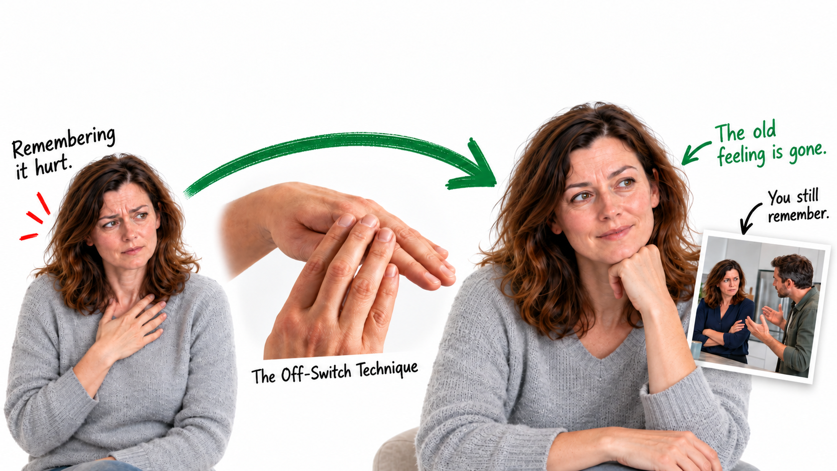 Illustrated change: tense remembering, the hand technique, then calmer remembering of the same incident.