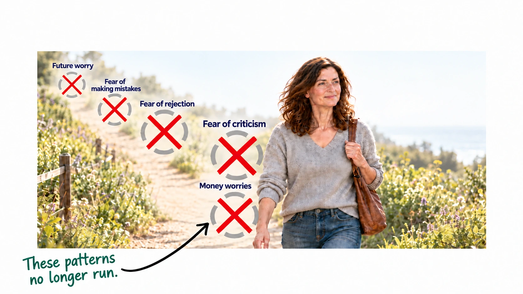 A conceptual illustration of a woman walking forward, leaving patterns of future worry, fear of mistakes, rejection, criticism and money worries behind.