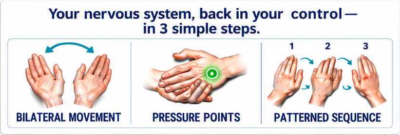 Your nervous system, back in your control in three simple steps: bilateral movement, pressure points, and patterned sequence. The same hand illustrations shown in the course overview.