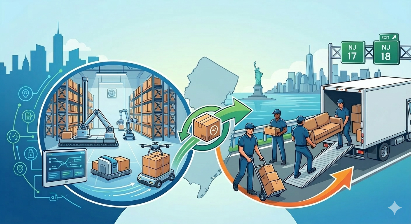 Hybrid moving and storage services in NJ featuring professional labor and automated warehouse technology.