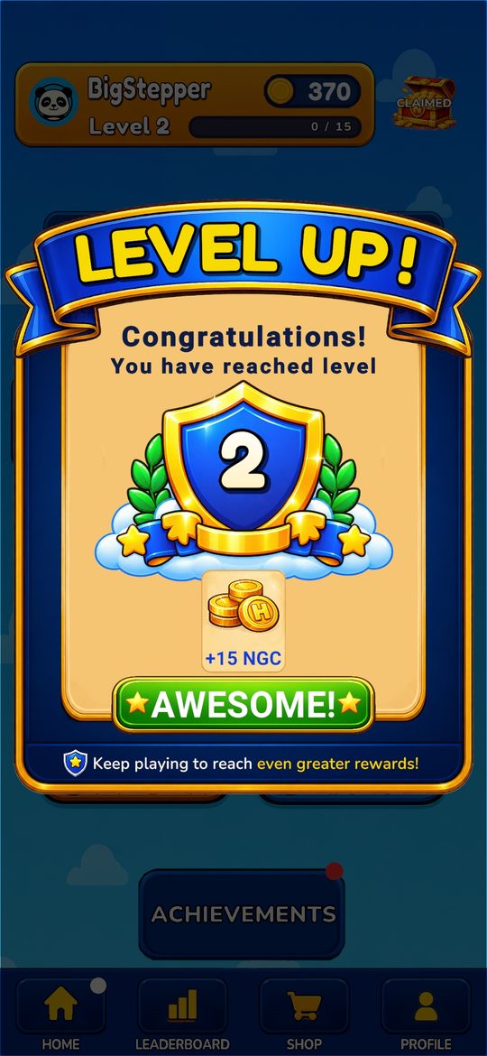 Level up screen