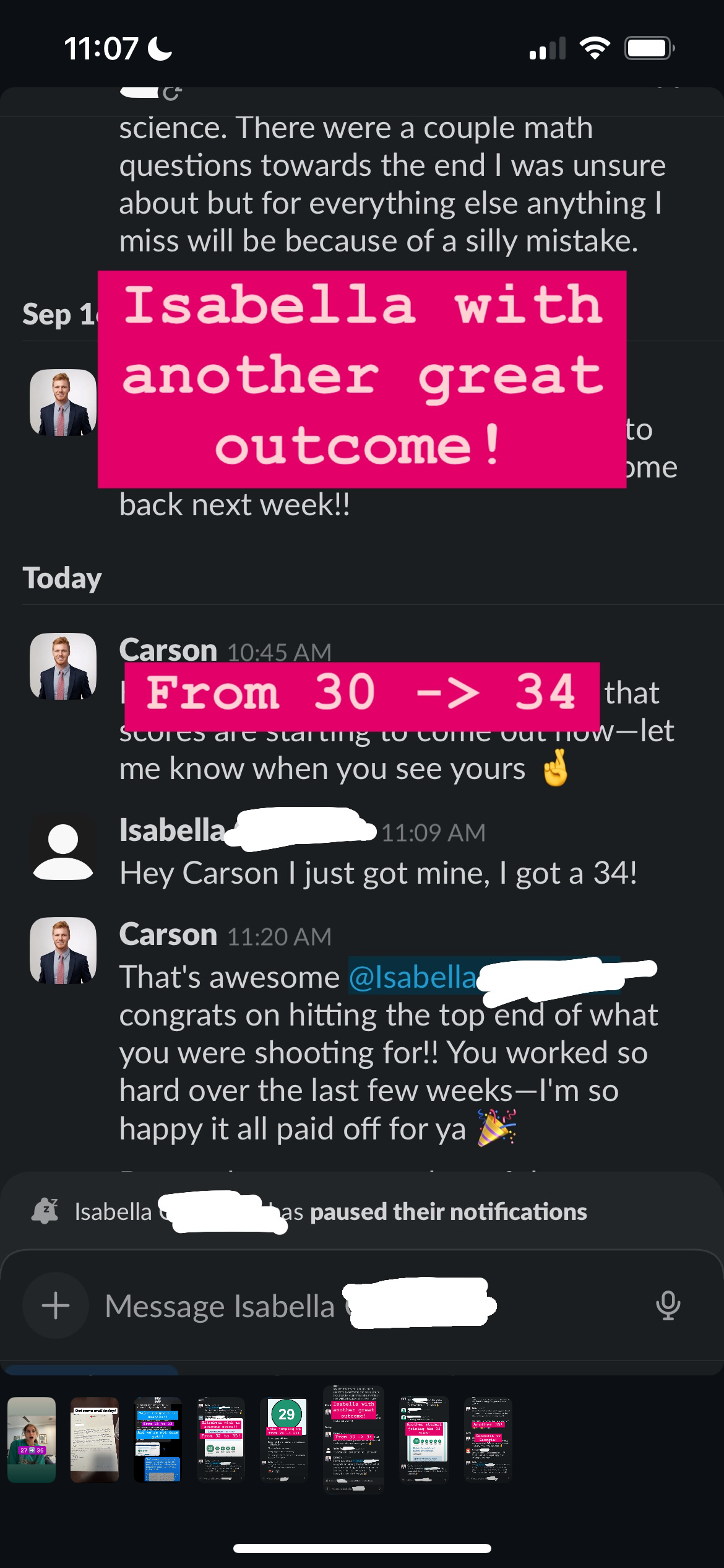 Slack screenshot - Isabella's score improvement