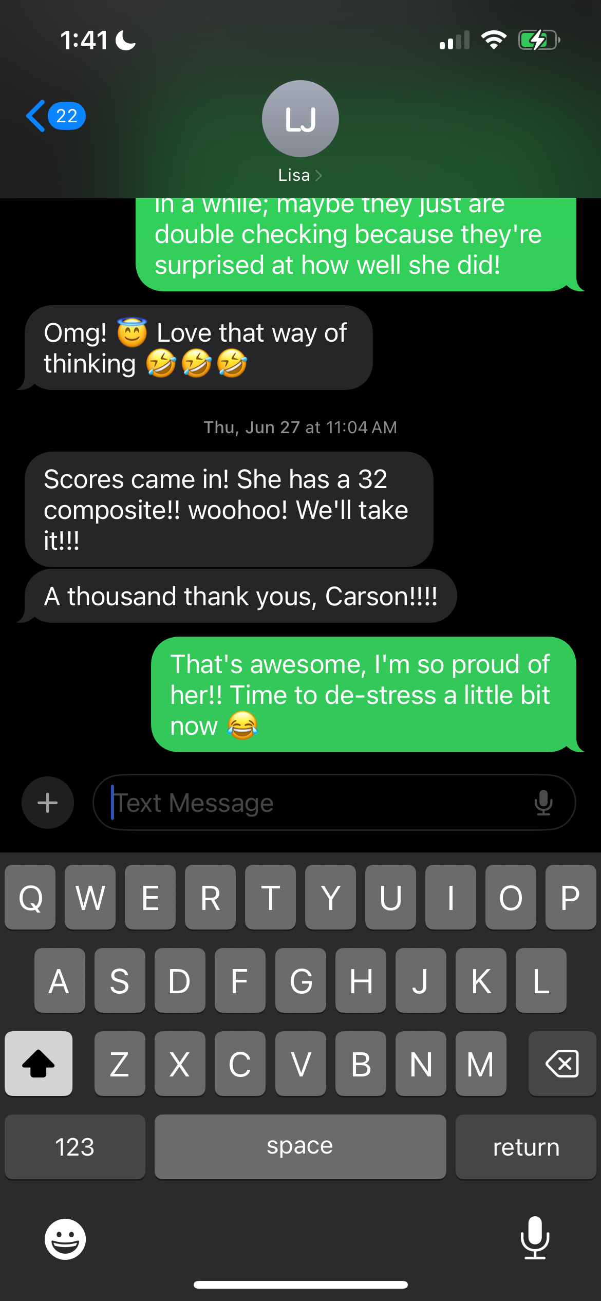 Slack screenshot - Morgan's score improvement