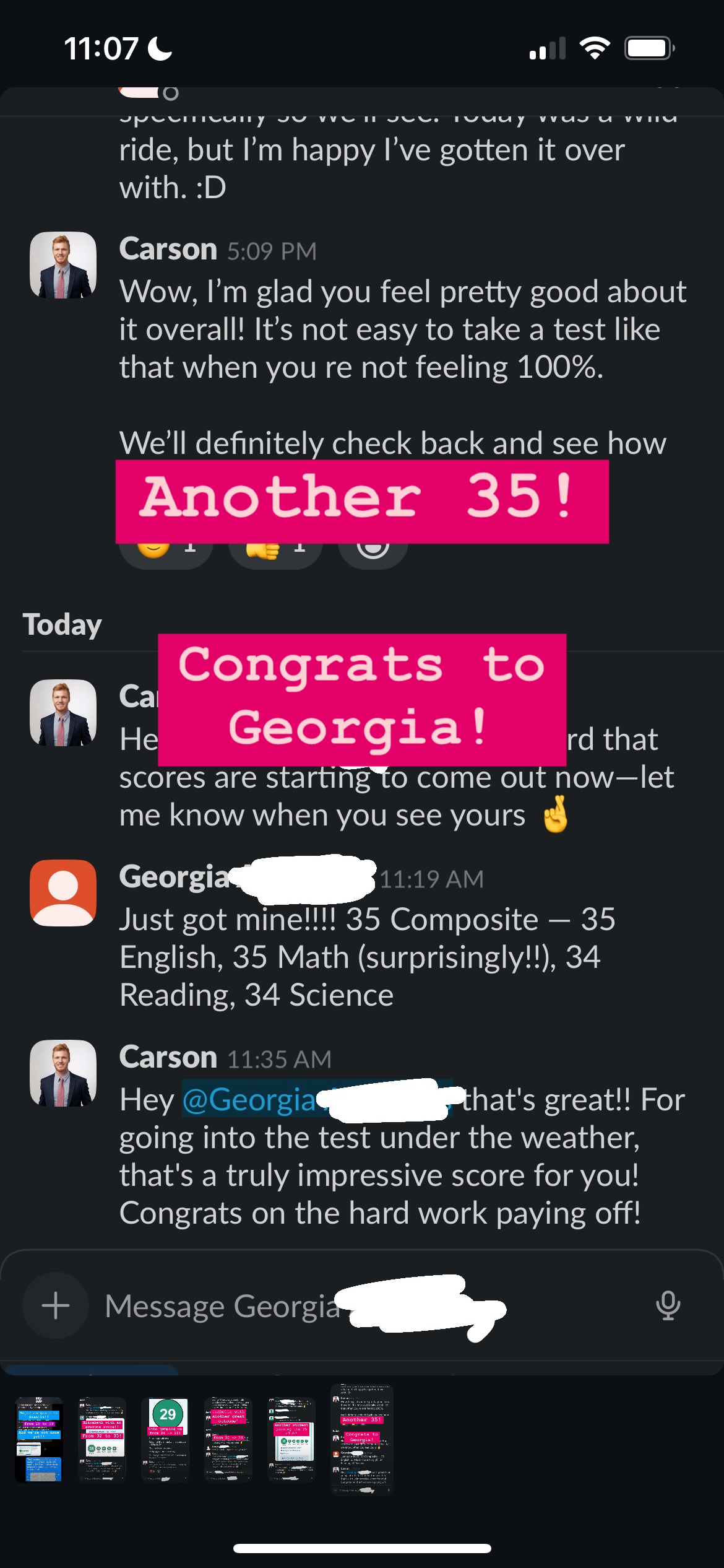 Slack screenshot - Georgia's score improvement