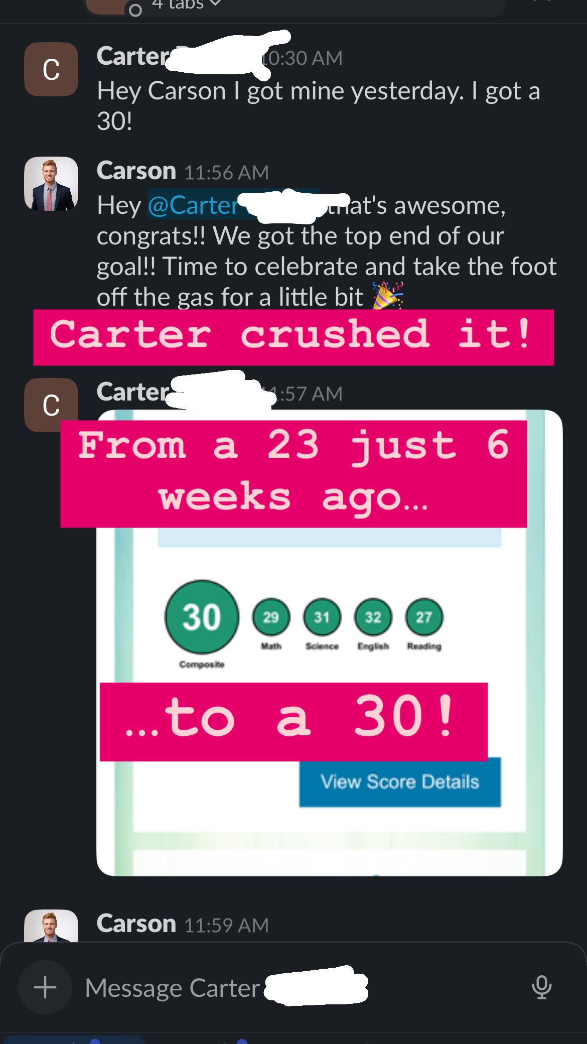 Slack screenshot - Carter's score improvement