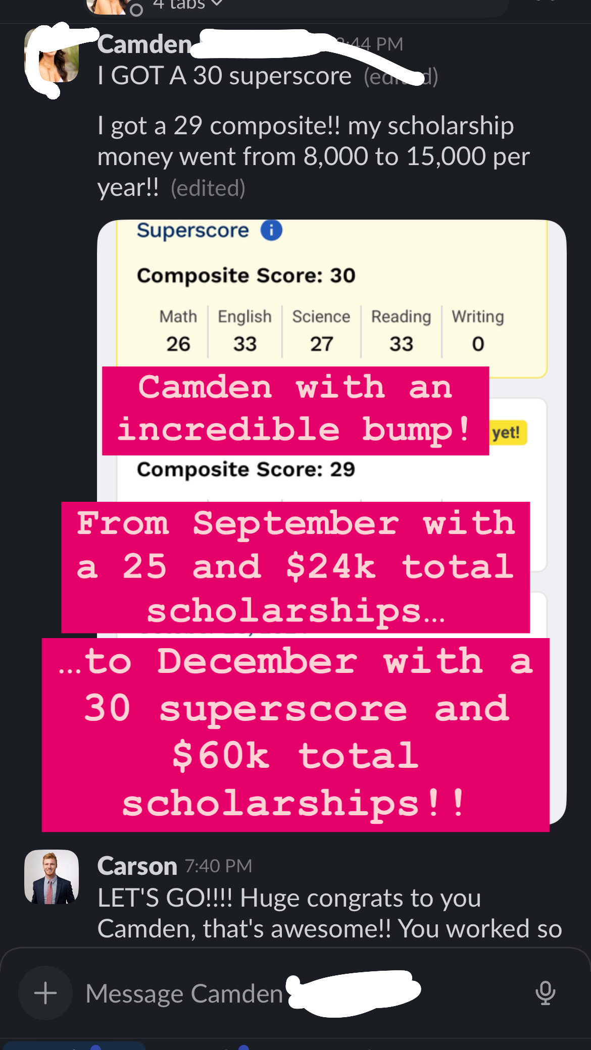 Slack screenshot - Camden's score improvement