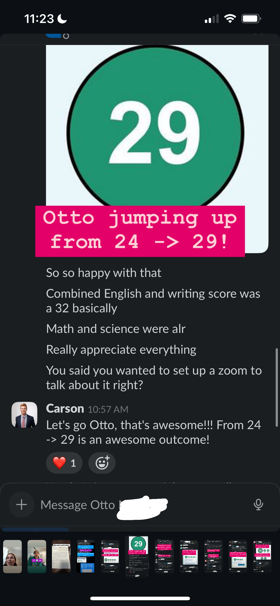 Slack screenshot - Otto's score improvement