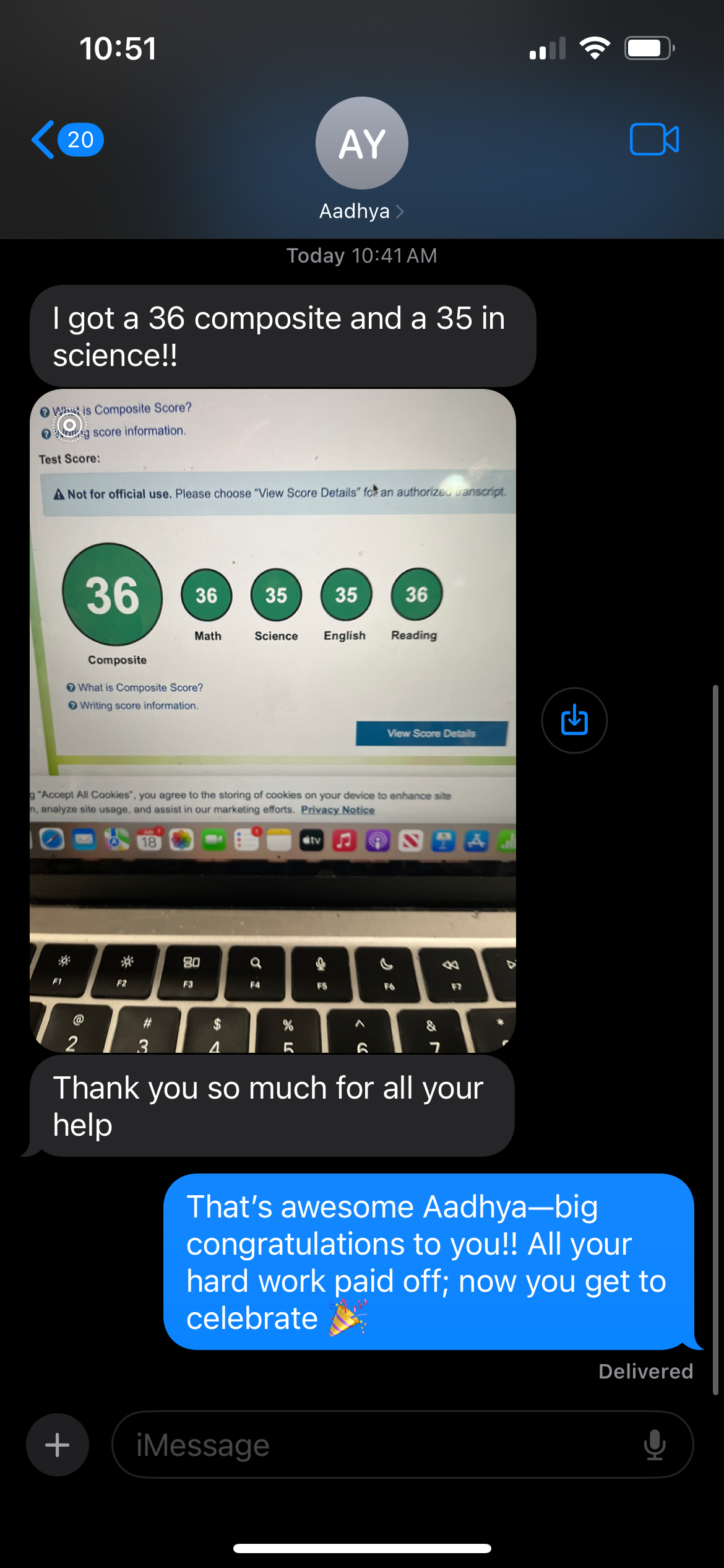 Slack screenshot - Aadhya's score