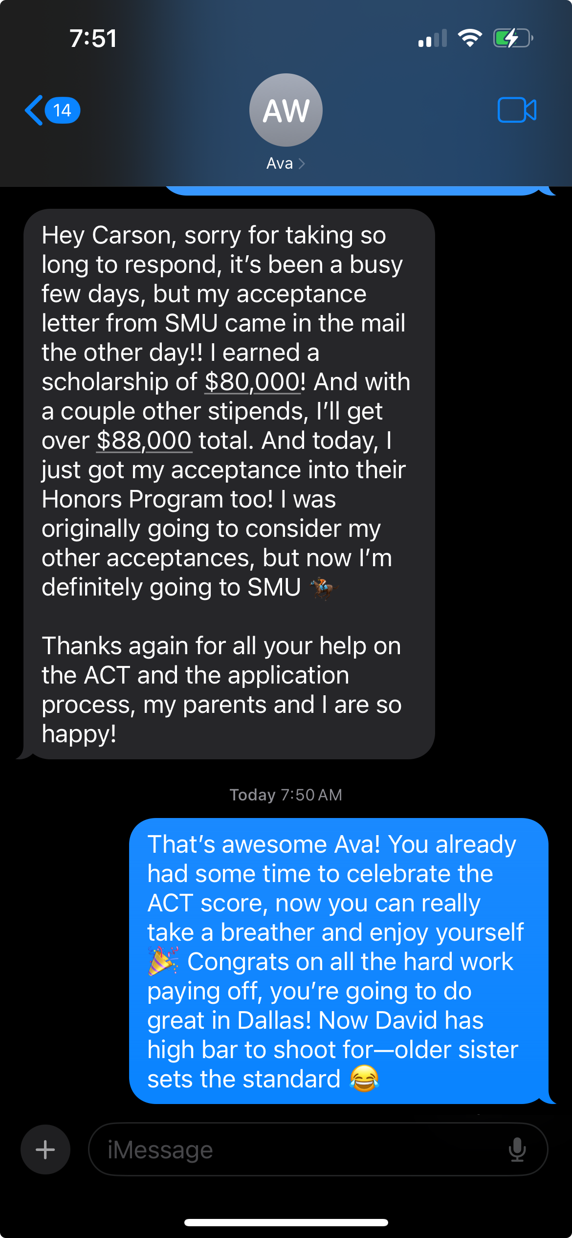 Slack screenshot - Ava's score improvement