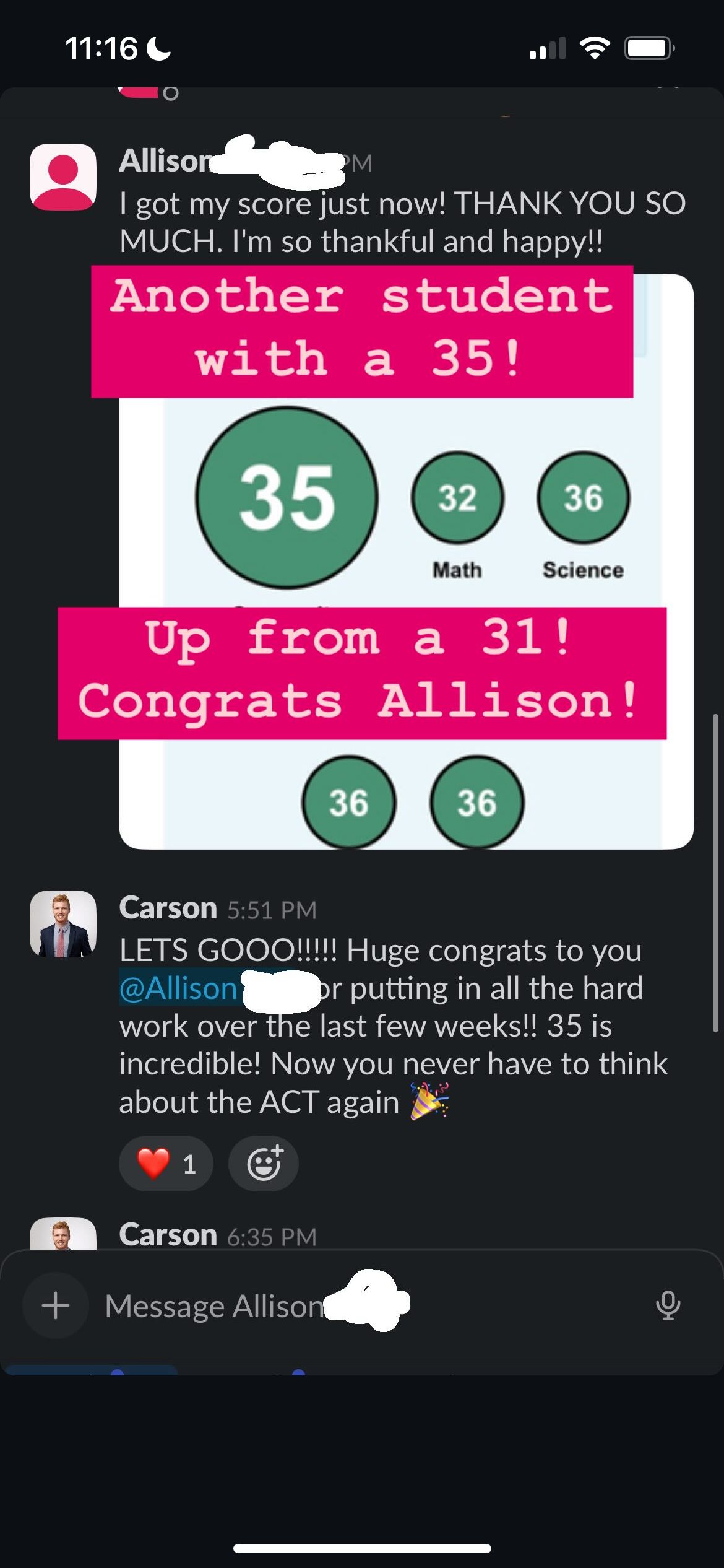 Slack screenshot - Allison's score improvement