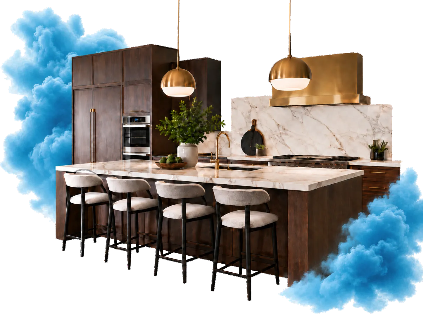 Modern bespoke kitchen with marble island and pendant lighting