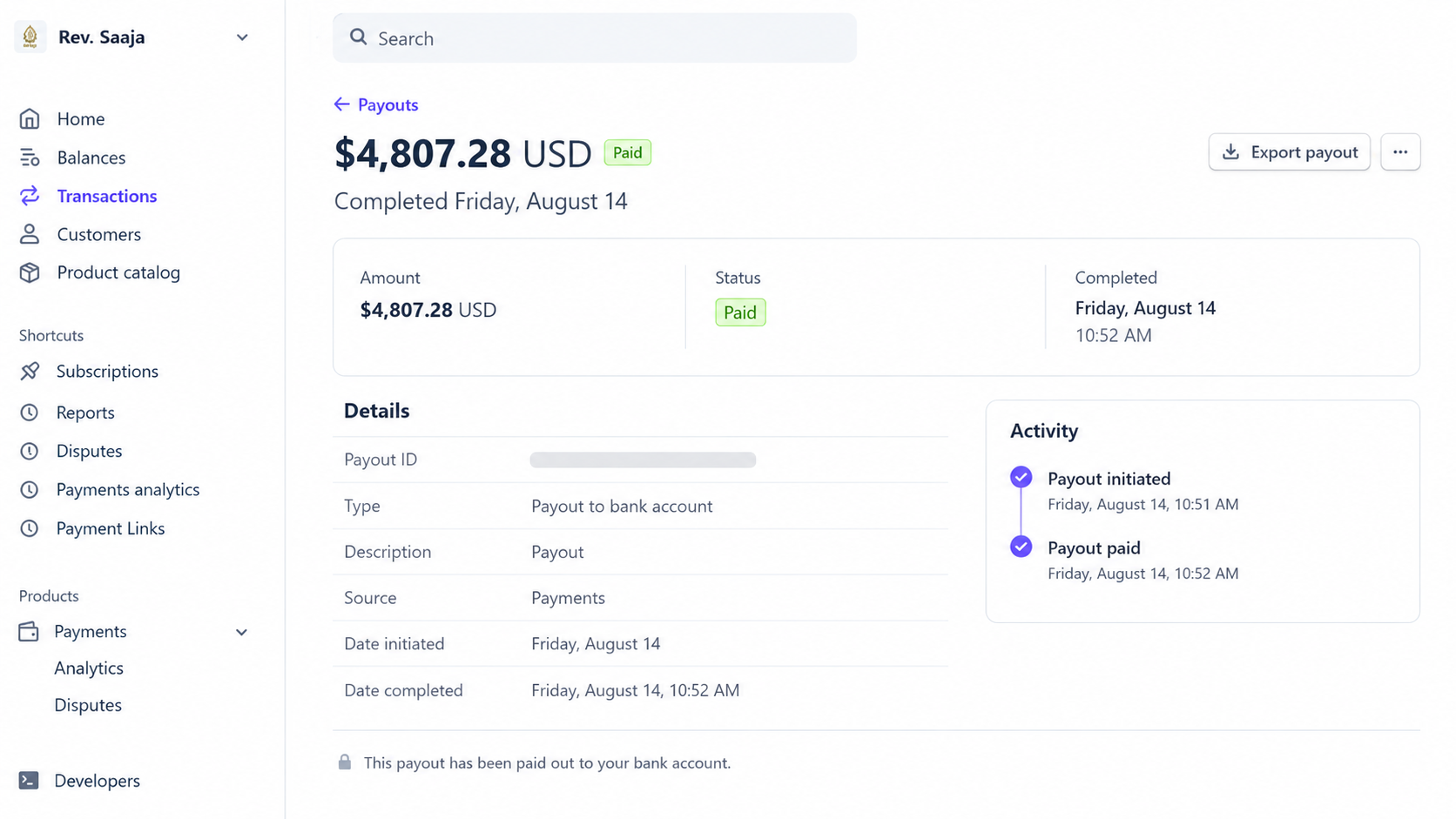 Stripe payout of $4,807.28 marked paid