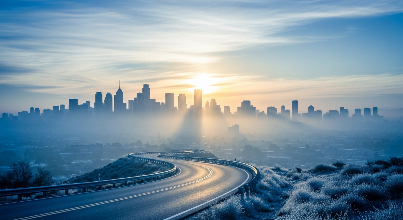 Open road to city at sunrise