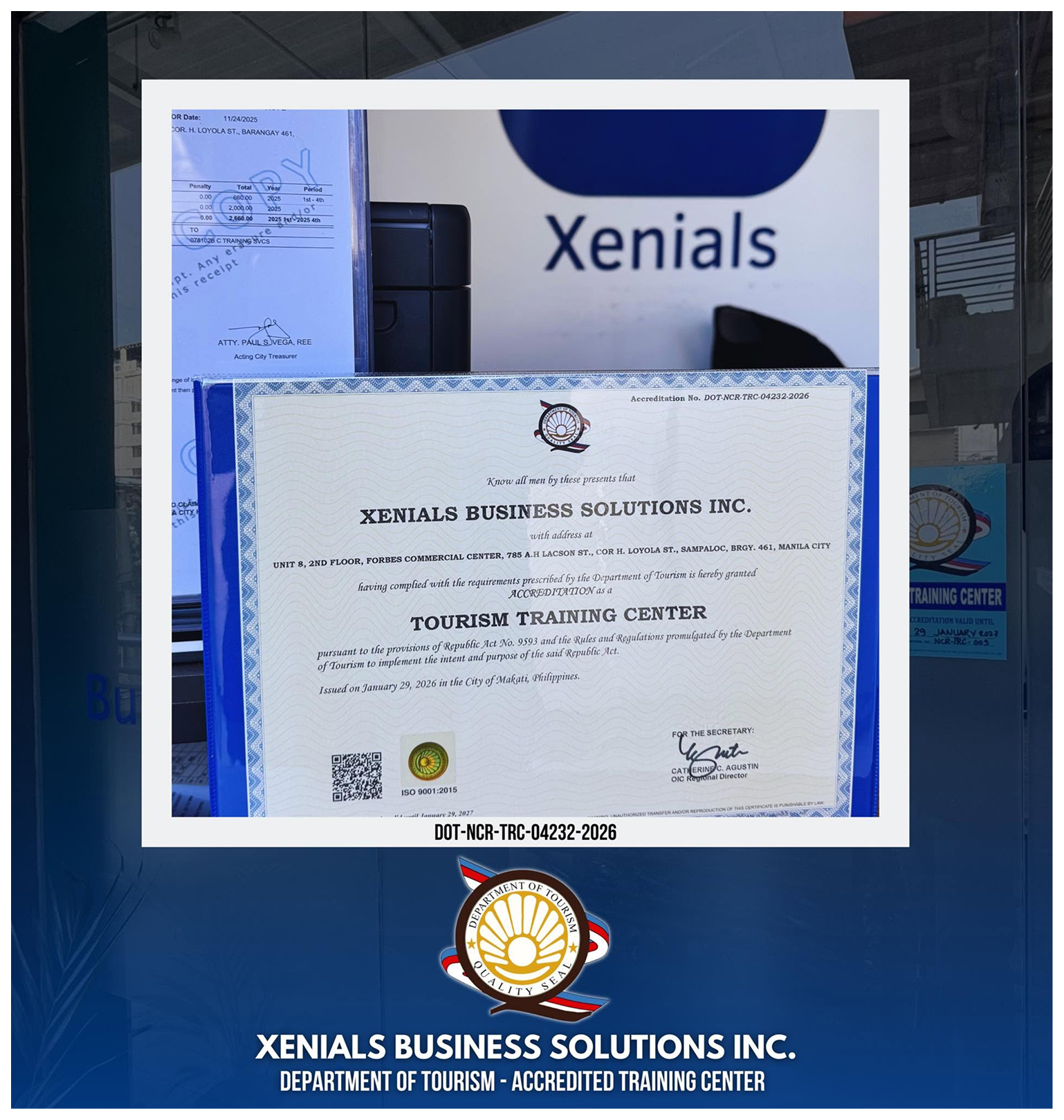 Xenials Business Solutions Inc. Department of Tourism accredited tourism training center certificate