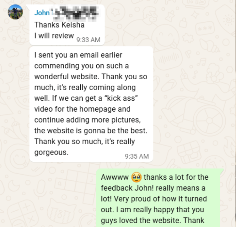 Client message praising a gorgeous website