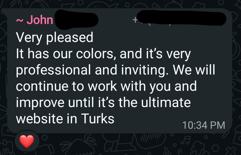 Client message praising a professional and inviting website
