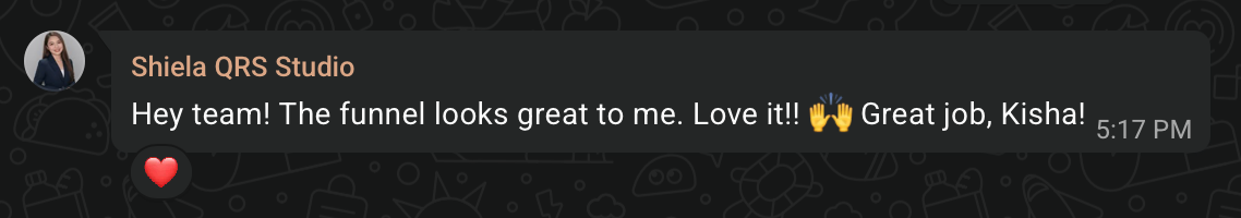 Client message appreciating Kisha’s hard work and impact