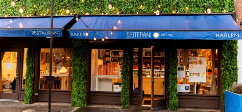 The storefront of Settepani Restaurant and Bakery in Harlem features a deep brown facade with large glass windows and a prominent blue awning. The awning displays the words "RESTAURANT," "BAKERY," "SETTEPANI," and "HARLEM" in white lettering, along with the text "EST. 1991". Warm, glowing string lights are draped across the top of the awning, and vertical columns of dense green ivy flank the windows and door. Through the windows, the bright, welcoming interior is visible, showing neatly arranged orange boxes and cafe-style seating.