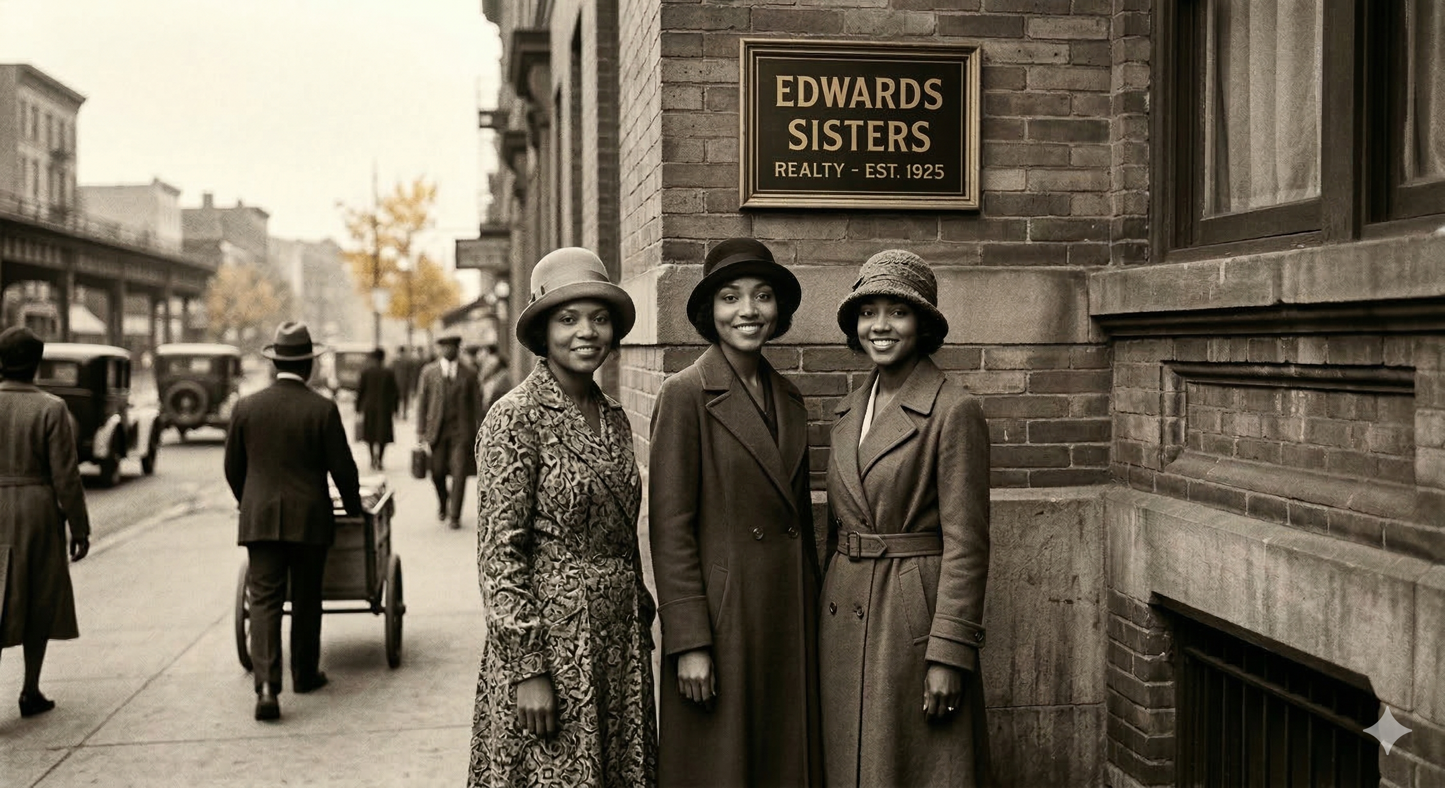 A vintage-style, sepia-toned photograph of three elegant Black women, the Edwards Sisters, standing confidently in front of their real estate office in 1920s Harlem. The woman on the left wears a patterned dress and a cloche hat, while the other two wear long, tailored wool coats and stylish cloche hats, reflecting the fashion of the Harlem Renaissance. A prominent wooden sign on the brick building behind them reads "EDWARDS SISTERS REALTY - EST. 1925." The background shows a bustling historic street with period-accurate cars, pedestrians in vintage attire, and a person pushing a cart, all captured with a textured, film-grain finish.