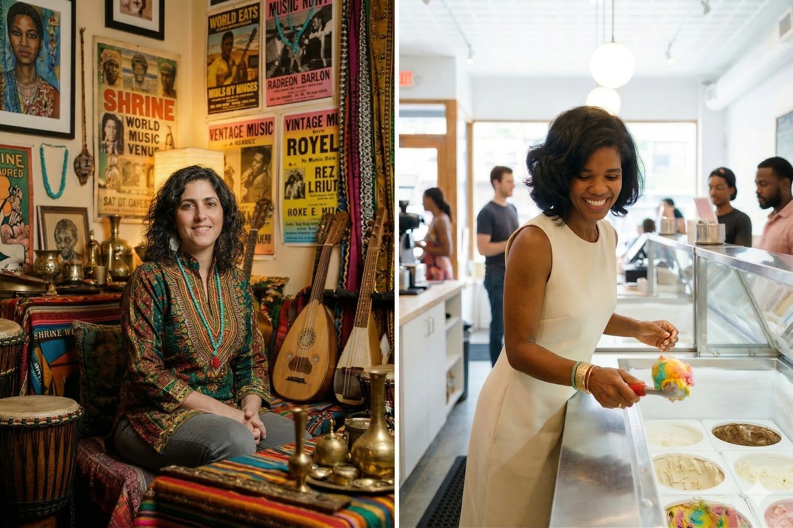 A split-screen editorial photograph comparing two modern Harlem entrepreneurs in their business environments.  Left Side: Sivan Baron is seated in the eclectic, warmly lit interior of the Shrine World Music Venue. She is wearing a vibrant, patterned green and gold tunic with a bohemian aesthetic. She is surrounded by global art, vintage music posters, a stringed lute, and African drums. The atmosphere is rich with cultural history and artistic texture.  Right Side: Petrushka Bazin Larsen is captured in the bright, minimalist interior of Sugar Hill Creamery. She is wearing a sophisticated, sleeveless cream-colored dress. She is smiling as she uses a red scoop to serve a vibrant, multi-colored ball of tropical ice cream from a glass display case. In the soft-focus background, customers and staff move through the clean, modern shop.