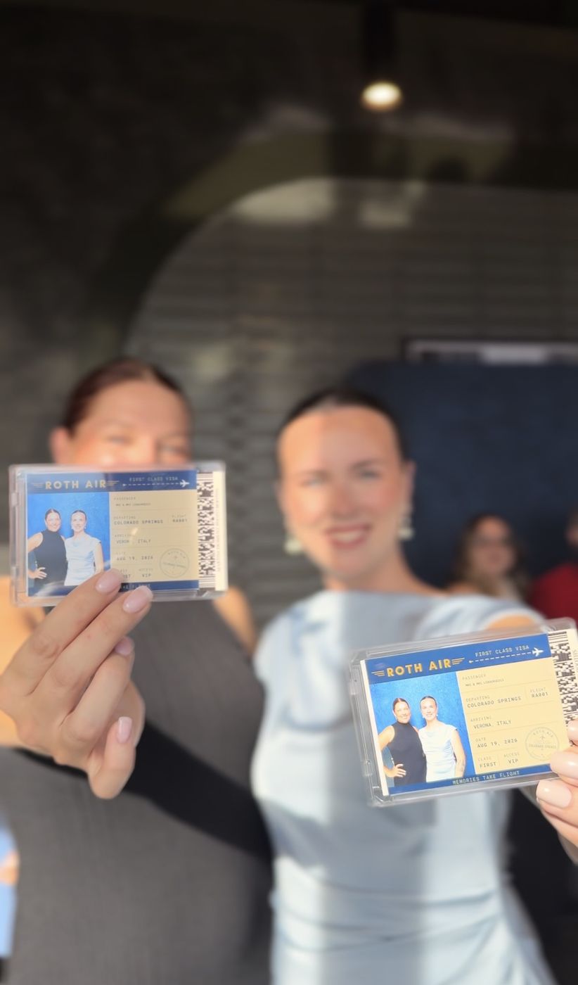 Guests enjoying a corporate trading card photo booth experience in Colorado Springs