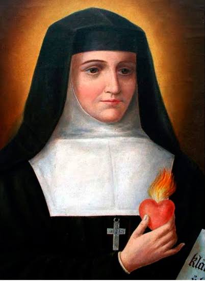 Pintura de Santa Joana de Chantal segurando um coração em chamas