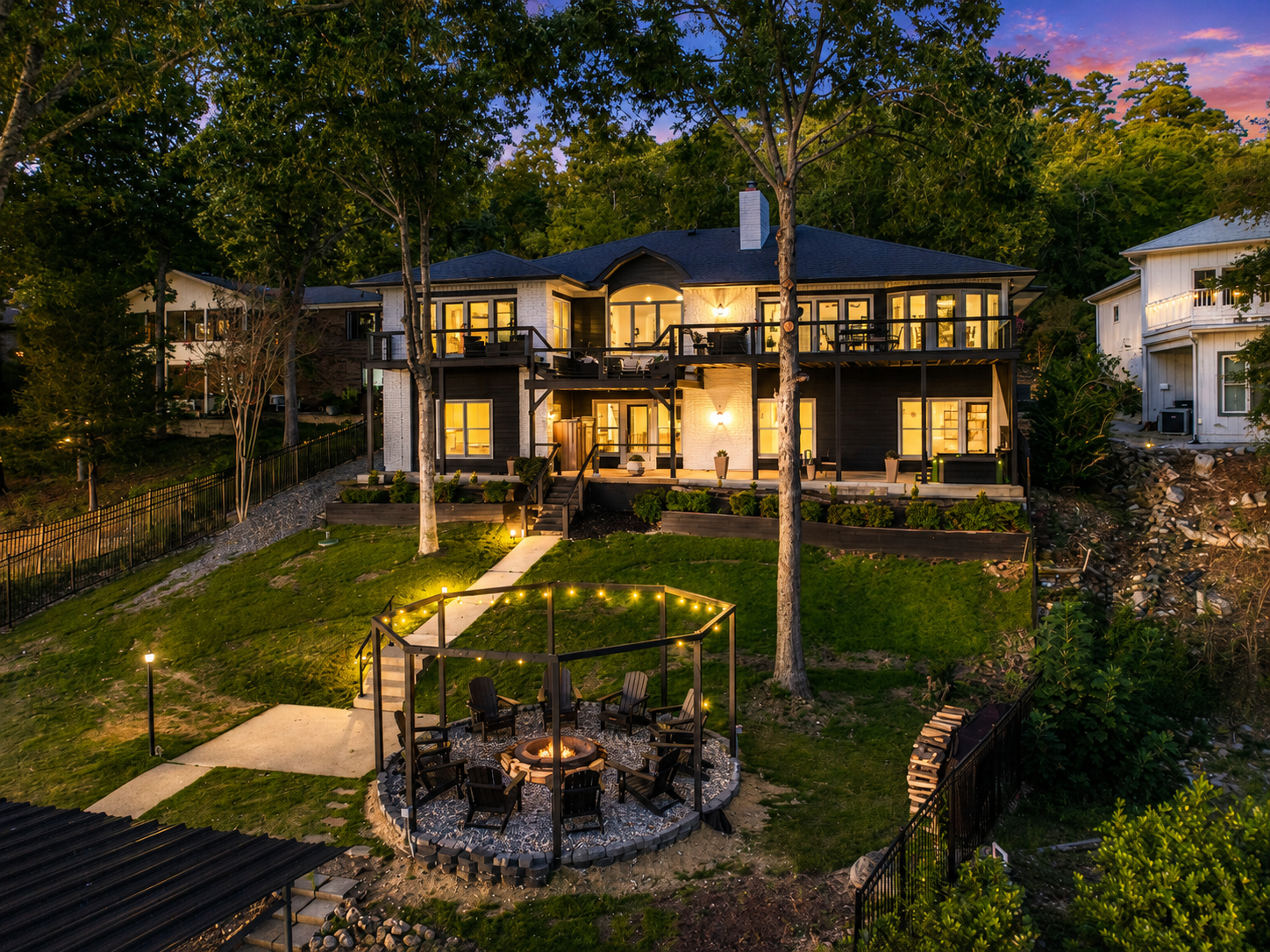 Luxury vacation home glowing at night