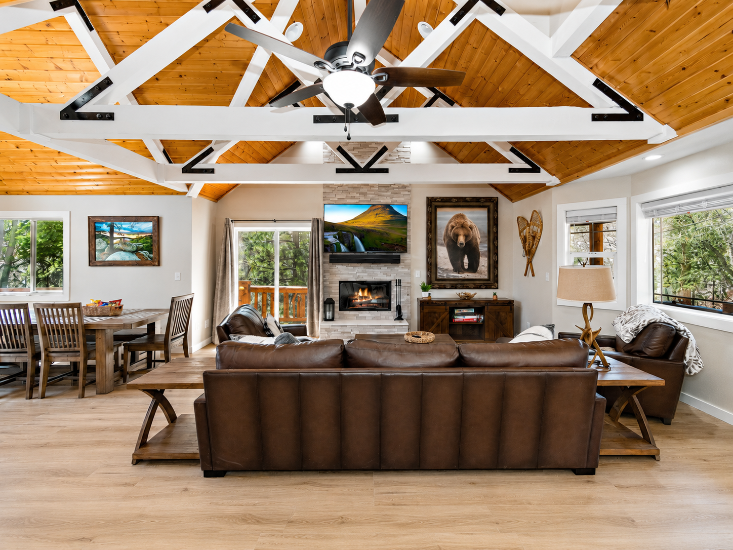 Bear Summit Hideaway living room with vaulted wood ceiling