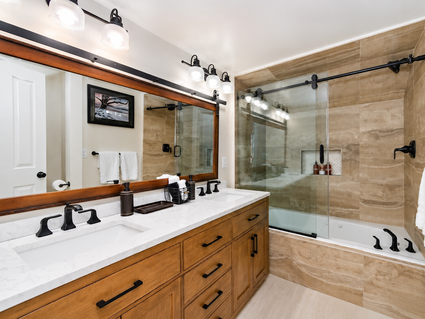 Spacious bathroom vanity with glass shower at Bear Summit Hideaway