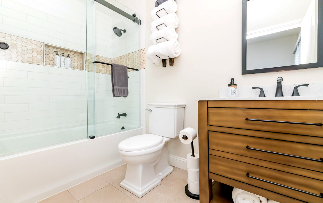 Bathroom with shower and towel rack at Bourbon Trail Hideaway